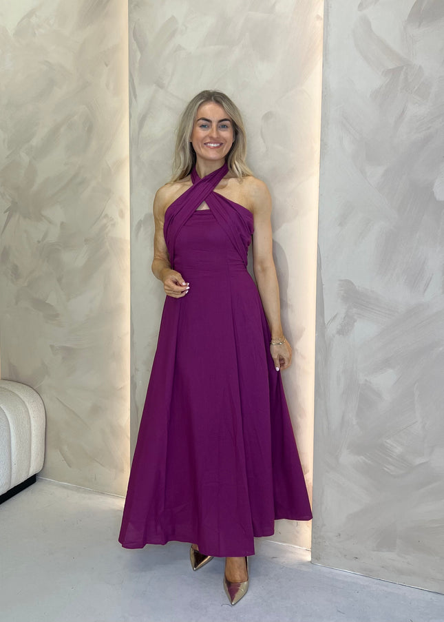 Linen Blend Tie Halter Dress - Purple