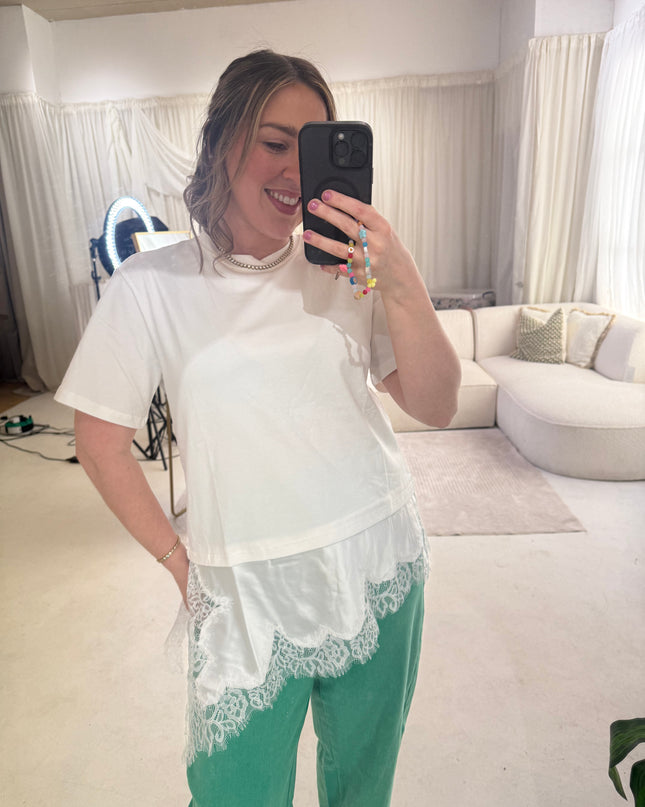 Satin and Lace Asymmetric T-Shirt - White