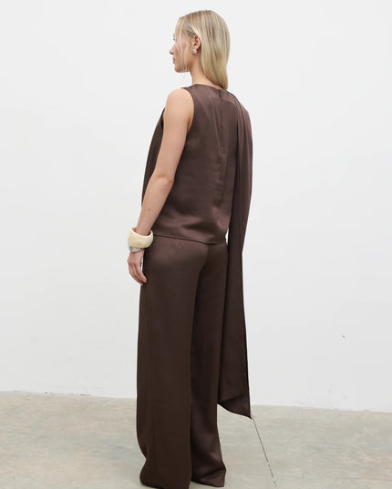 Breya Scarf Satin Top - Brown