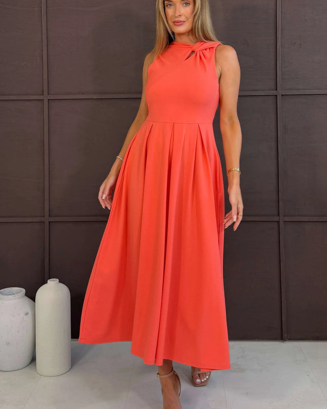 Anastasia Knot Detail Midi Dress - Coral