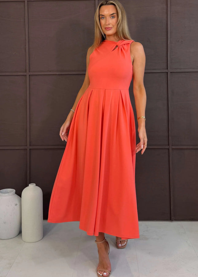Anastasia Knot Detail Midi Dress - Coral