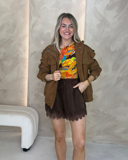 High Collar Suede Bomber Jacket - Camel
