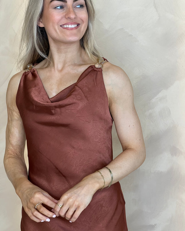 Cowl Neck Dress with Gold Hardware - Rust