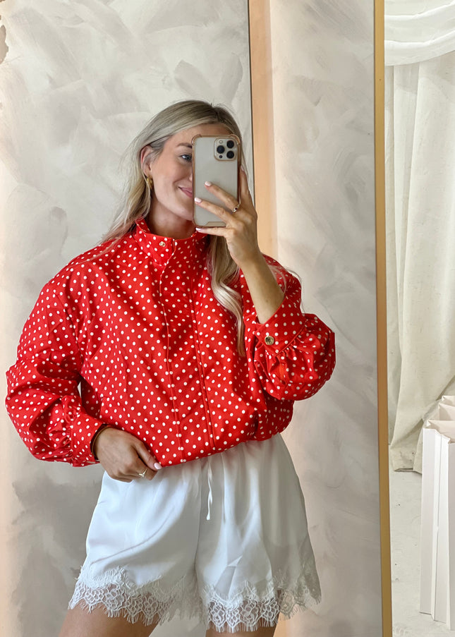 Funnel Neck Bomber Jacket - Red Polka Dot