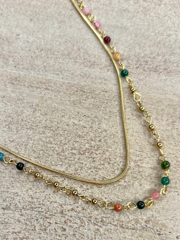 Beaded Layered Necklace - Gold/Multi-Colour