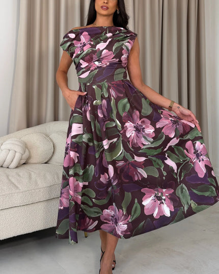 Betty Asymmetric Midi Dress - Berry Floral