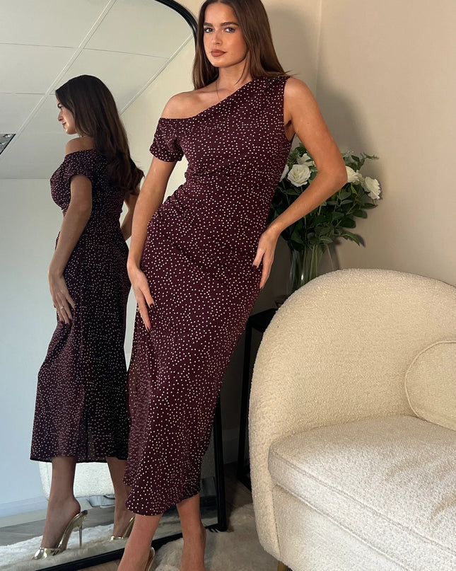 Donna Asymmetric Neckline Midi Dress - Brown Spot