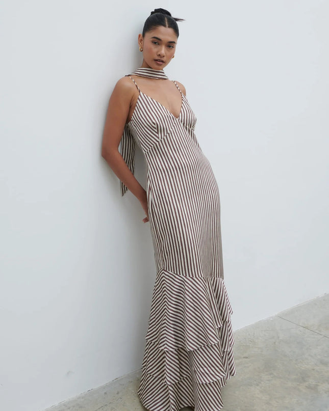Serita V Neck Tiered Maxi Dress - Brown and Cream Stripe