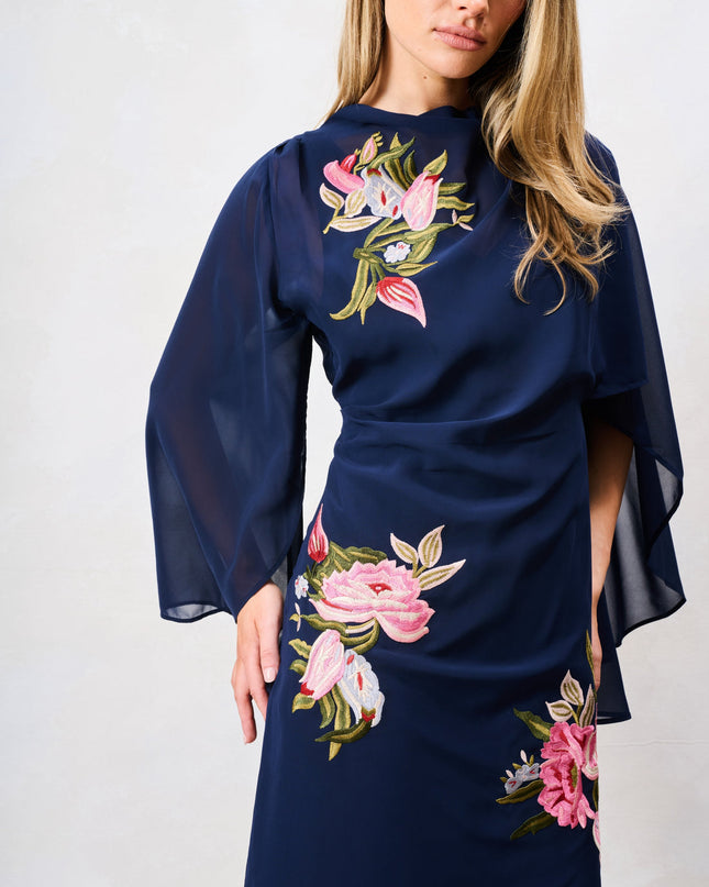 Ludmila Embroidered Caped Dress - Navy