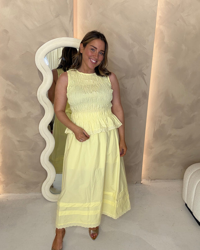 Poplin Midi Skirt with Lace Trim - Lemon