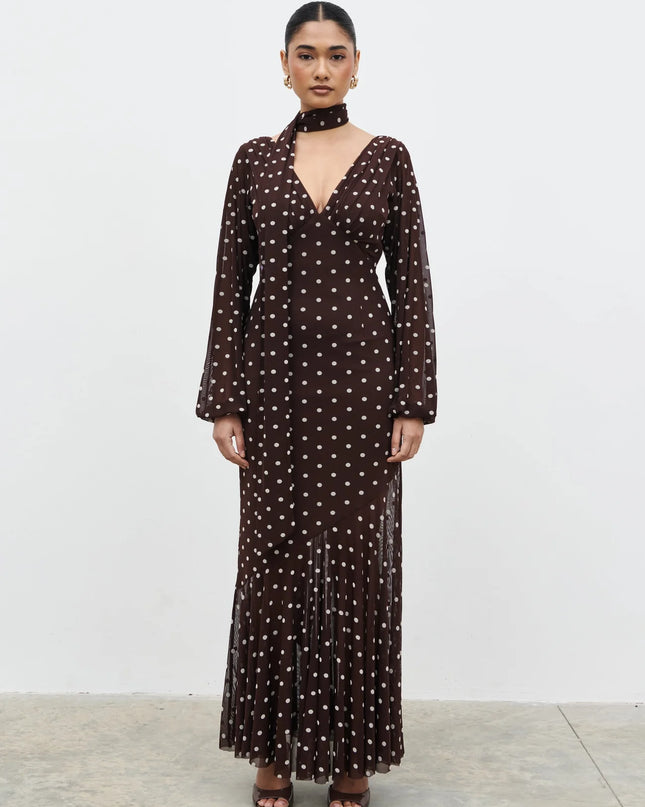 Petula Scarf Mesh Maxi Dress - Brown and Cream Polka Dot
