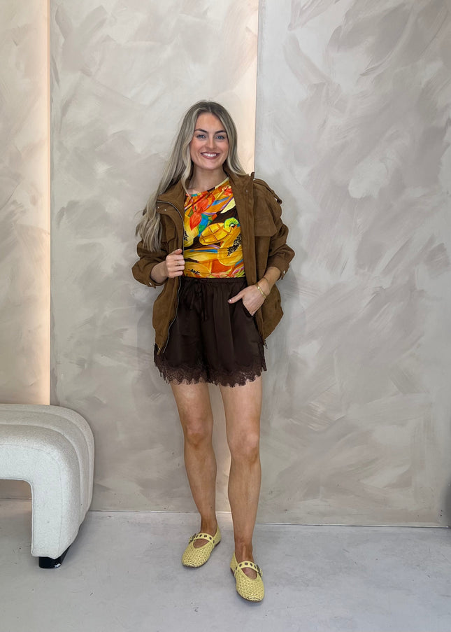 Satin Lace Trim Shorts - Brown