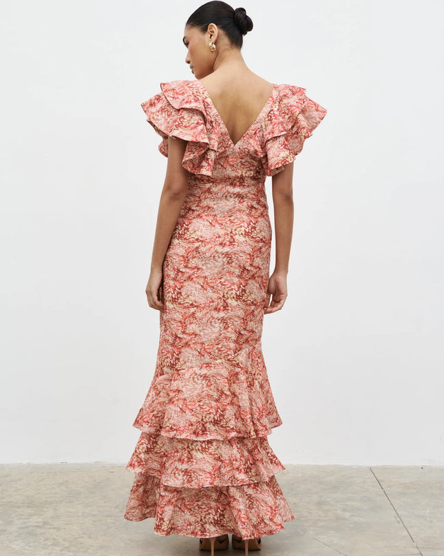 Alani V Neck Ruffle Maxi Dress - Berry Multi Abstract