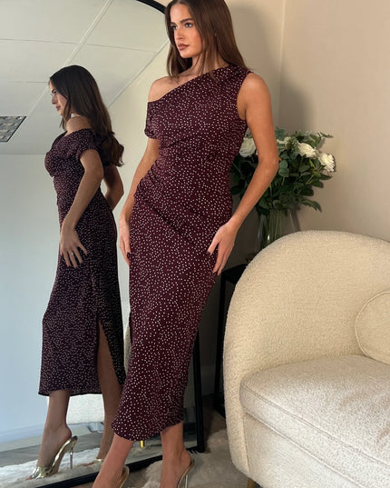 Donna Asymmetric Neckline Midi Dress - Brown Spot