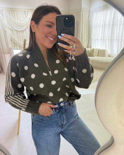 Polka Dot Quarter Zip Knit - Green