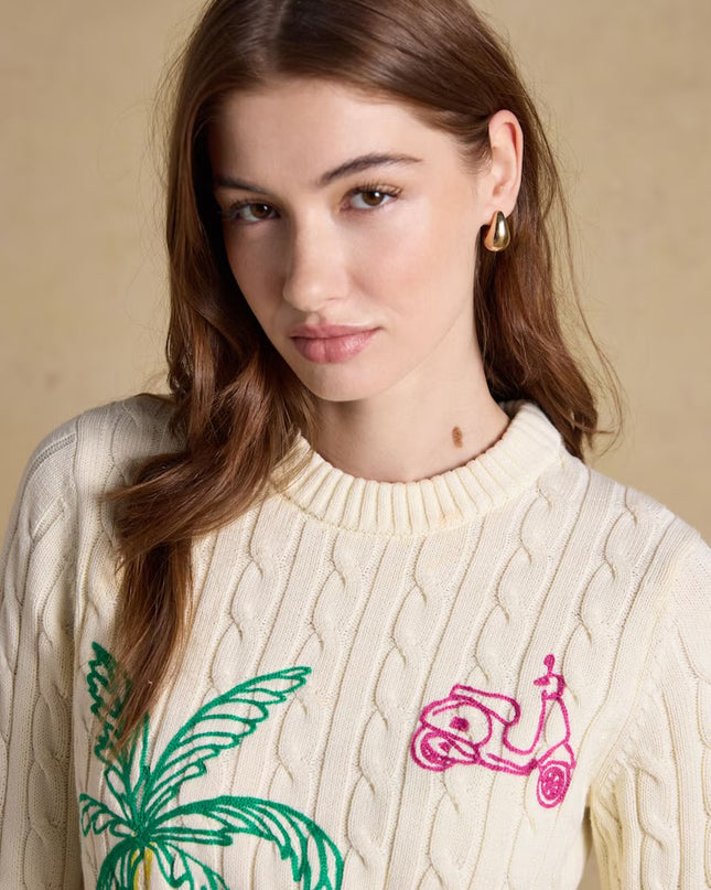 Embroidered Cable Knit Jumper - Cream