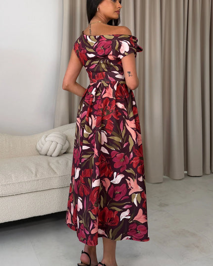 Betty Asymmetric Midi Dress - Cranberry Floral