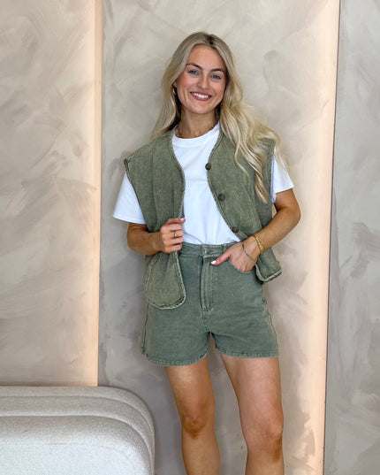 Soft Denim Sleeveless Waistcoat - Washed Khaki