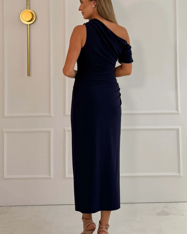 Donna Asymmetric Neckline Midi Dress - Navy