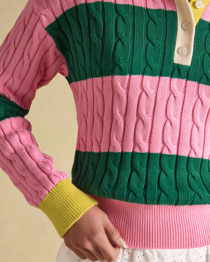 Joules Cable Knit Rugby Jumper - Pink/Green