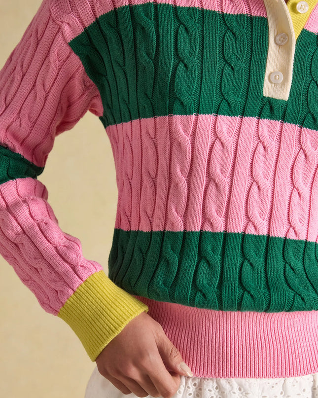 Joules Cable Knit Rugby Jumper - Pink/Green