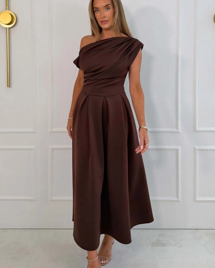 Betty Asymmetric Neckline Skater Midi - Brown