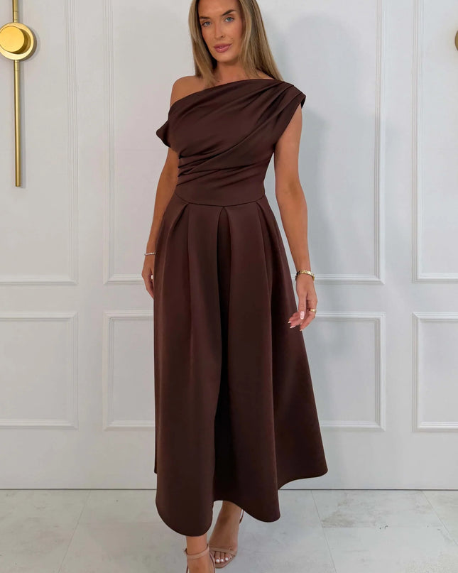 Betty Asymmetric Neckline Skater Midi - Brown