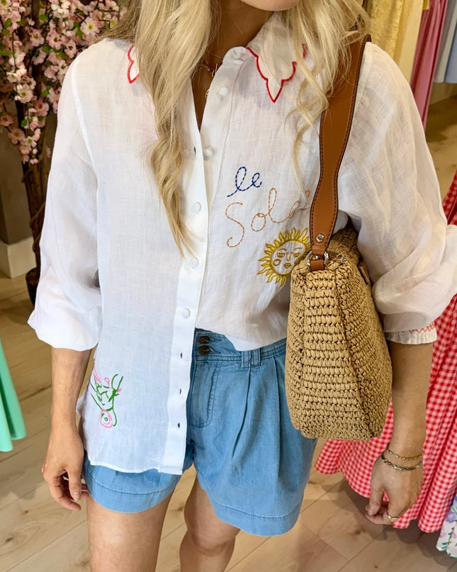 Orla Embroidered Icons Linen Shirt - White