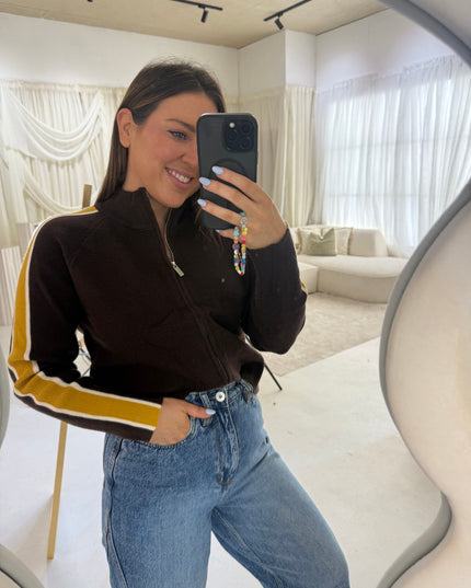 Ribbed Full Zip Knit - Brown/Mustard