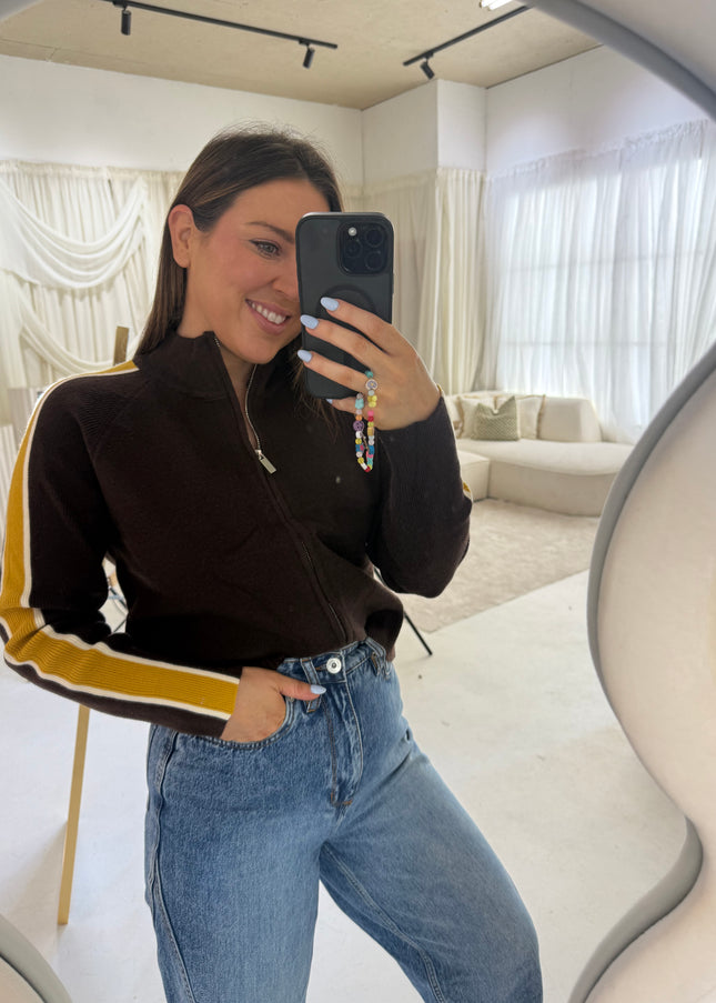 Ribbed Full Zip Knit - Brown/Mustard