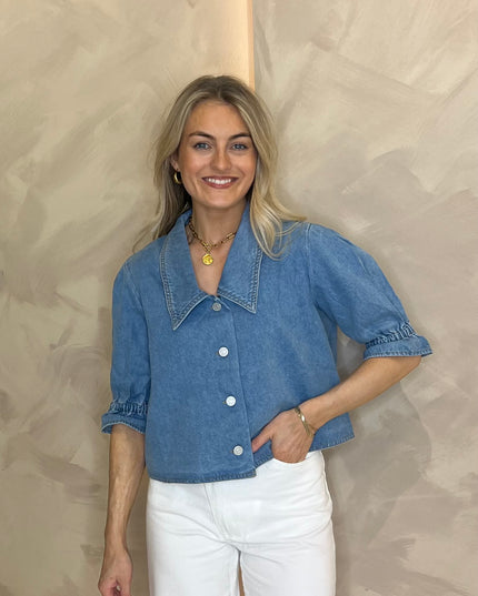 Cropped Denim Collared Top - Light Blue