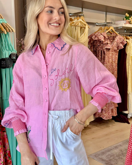 Orla Embroidered Icons Linen Shirt - Pink