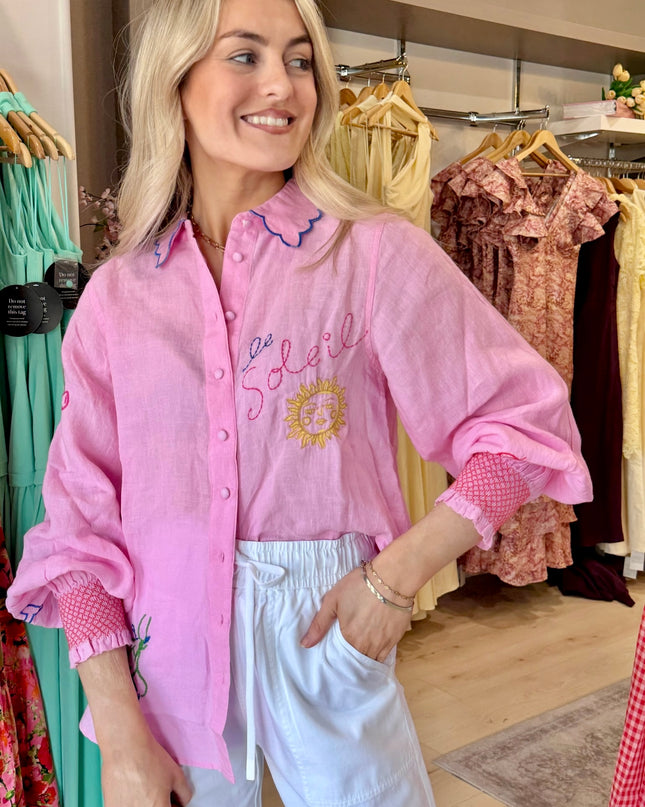 Orla Embroidered Icons Linen Shirt - Pink