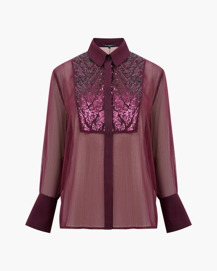 French Connection Hana Adalynn Sequin Bib Shirt - Burgundy Red
