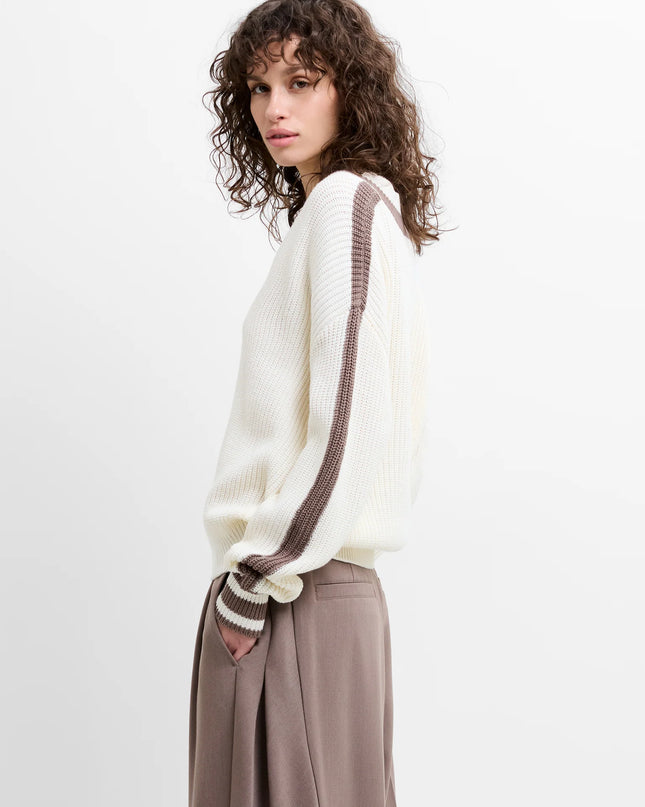 French Connection Varli Varsity V-Neck Jumper - Summer White/Taupe