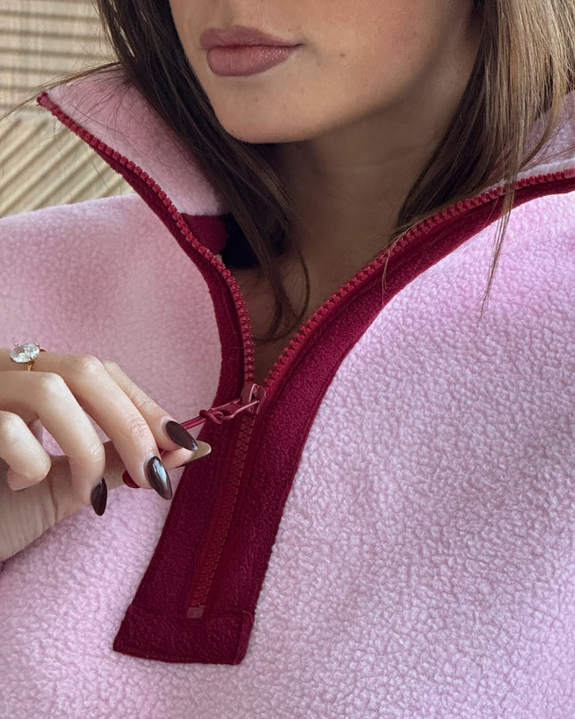 Lulu Contrast Binding 1/4 Zip Fleece - Pale Pink