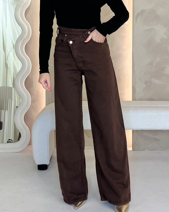 Asymmetric High Waist Jean - Brown