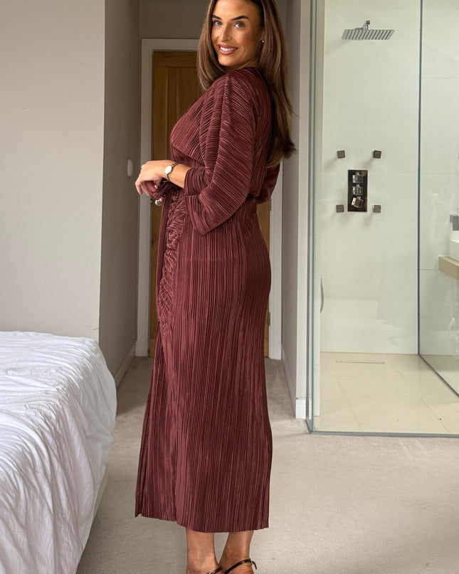 Vendy Off The Shoulder Ruched Detail Midi Dress - Brown