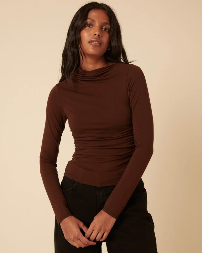 Ruched Long Sleeve Top - Brown
