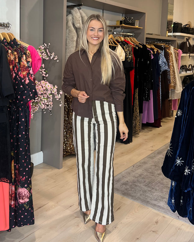 Striped Wide Leg Jeans -Brown/Cream
