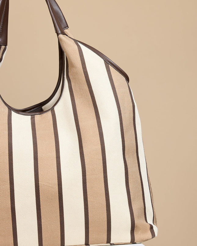Camel & Cream Stripe Fabric Oversized Shopper Bag 