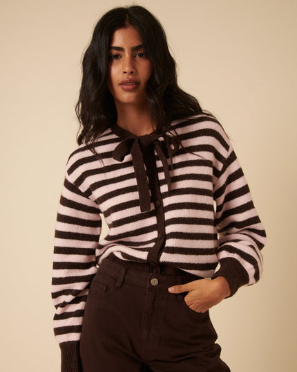 Striped Tie Neck Cardigan - Brown And Pink