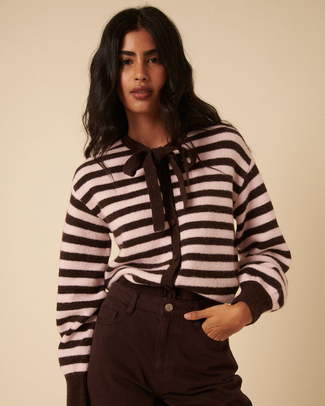 Striped Tie Neck Cardigan - Brown And Pink