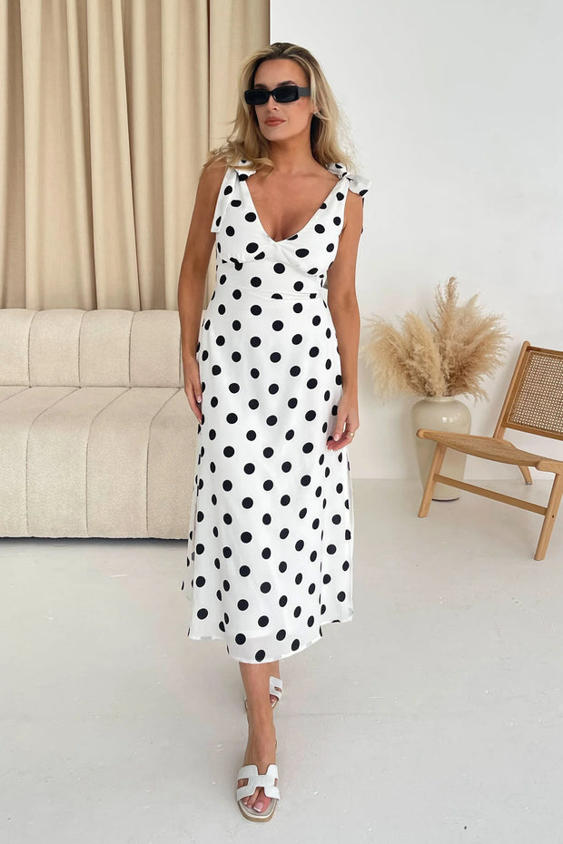 Beverly Tie Shoulder Midi Dress - White Spot