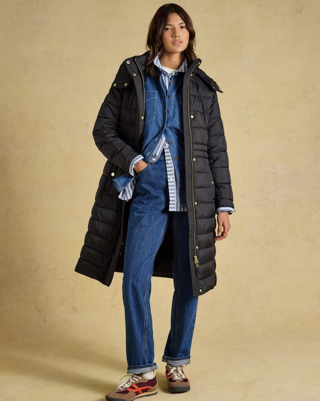 Joules Windborough Longline Padded Coat with Hood - Black
