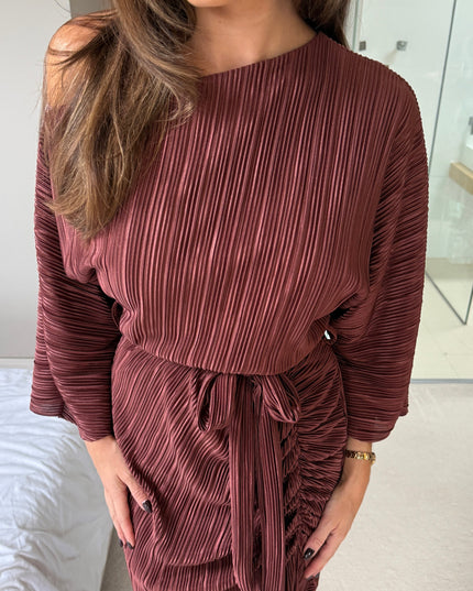 Vendy Off The Shoulder Ruched Detail Midi Dress - Brown