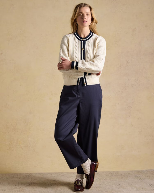 Crew Neck Cable Knit Cardigan - Cream/Navy