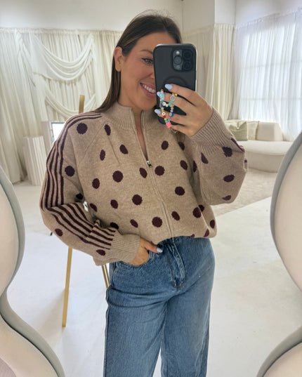 Polka Dot Full Zip Knit - Beige/Burgundy