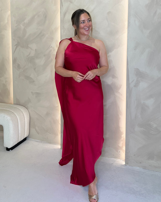 Asymmetric Midi Dress with Drape - Cherry