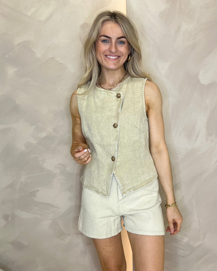 Asymmetric Soft Denim Waistcoat - Taupe